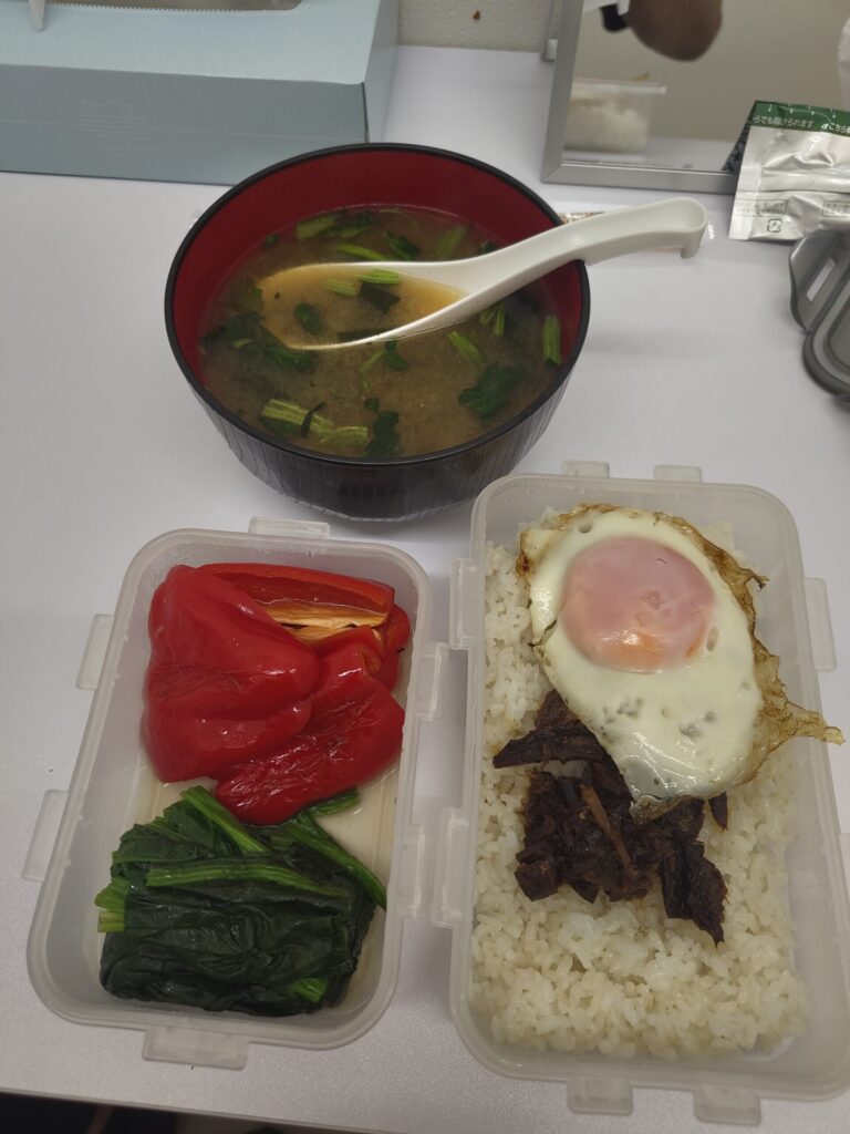 50代男性の実際の弁当 ご飯と目玉焼きと野菜と味噌汁