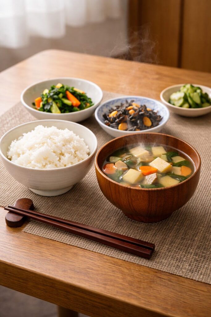 ご飯と具だくさん味噌汁のシンプルな食事