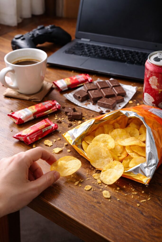 間食でポテトチップスを食べ続けている様子