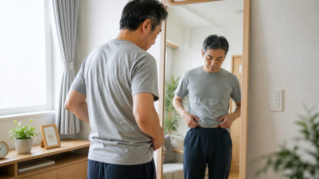 鏡を見ながら体型の変化を気にする50代男性