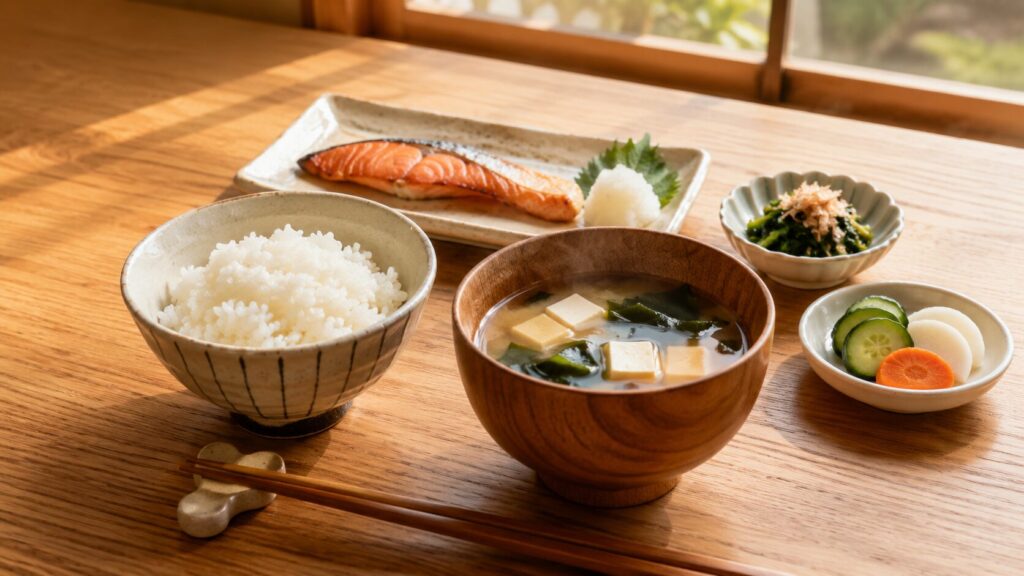 50代男性向けの軽い朝食として味噌汁とご飯を組み合わせた食事例