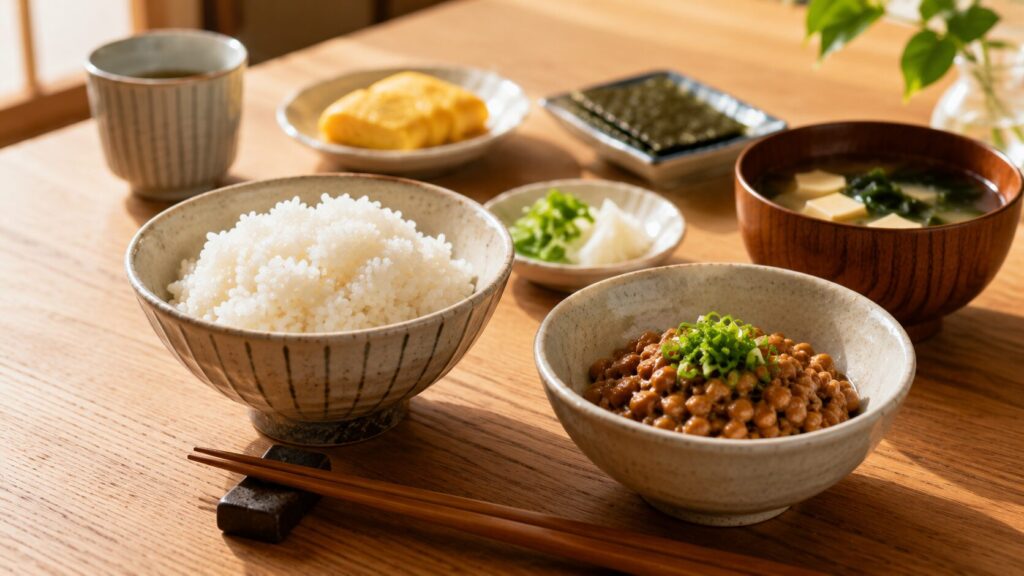 50代男性向けの朝食として納豆とご飯を組み合わせた食事例