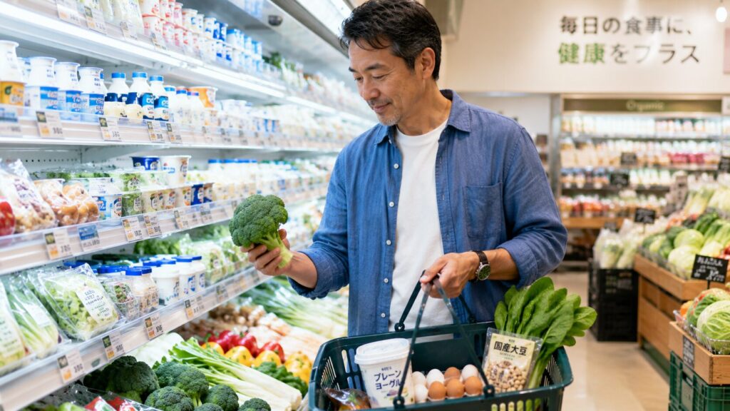 50代男性がスーパーで朝食向けの食材を選んでいる様子