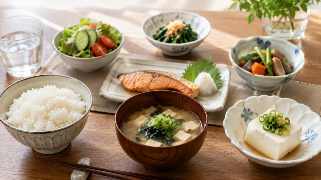 味噌汁や豆腐を取り入れた50代男性向けの食事例