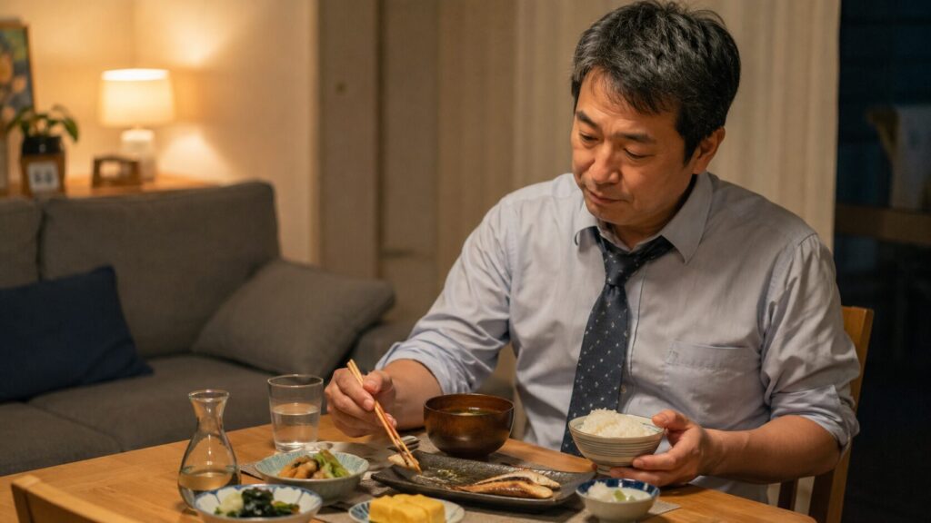 仕事後に晩酌をしながら夕食を取る50代男性の生活イメージ