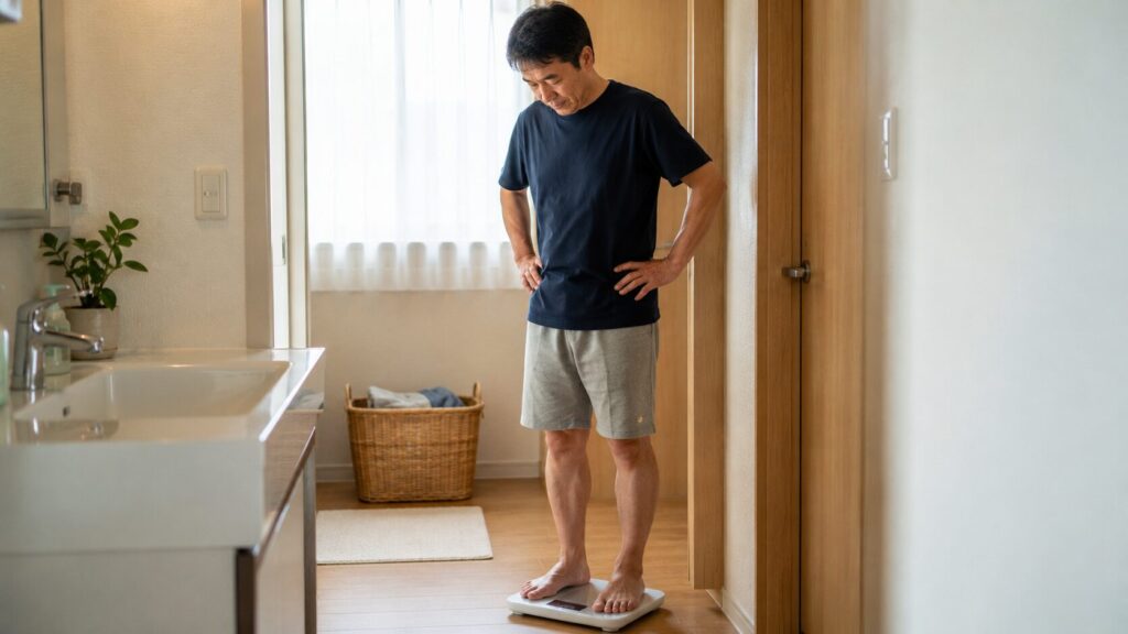 食べ過ぎた翌日に体重を確認しながらも焦らず落ち着いている50代男性のイメージ