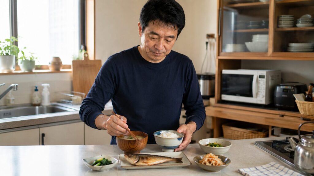 食べ過ぎた翌日に無理な制限をせず、普段に近い食事へ戻している50代男性のイメージ