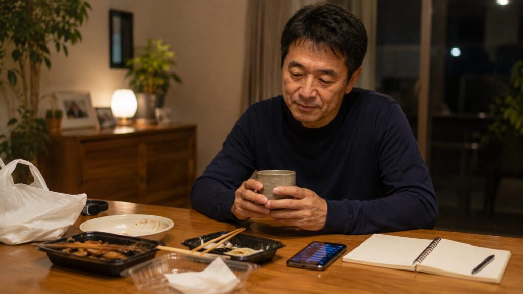 食べ過ぎや外食が続いた後、体重管理について考えている50代男性のイメージ