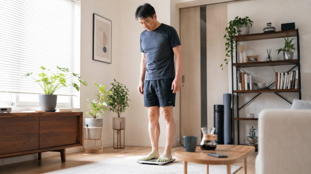 50代男性が体重計で体重管理をしている様子