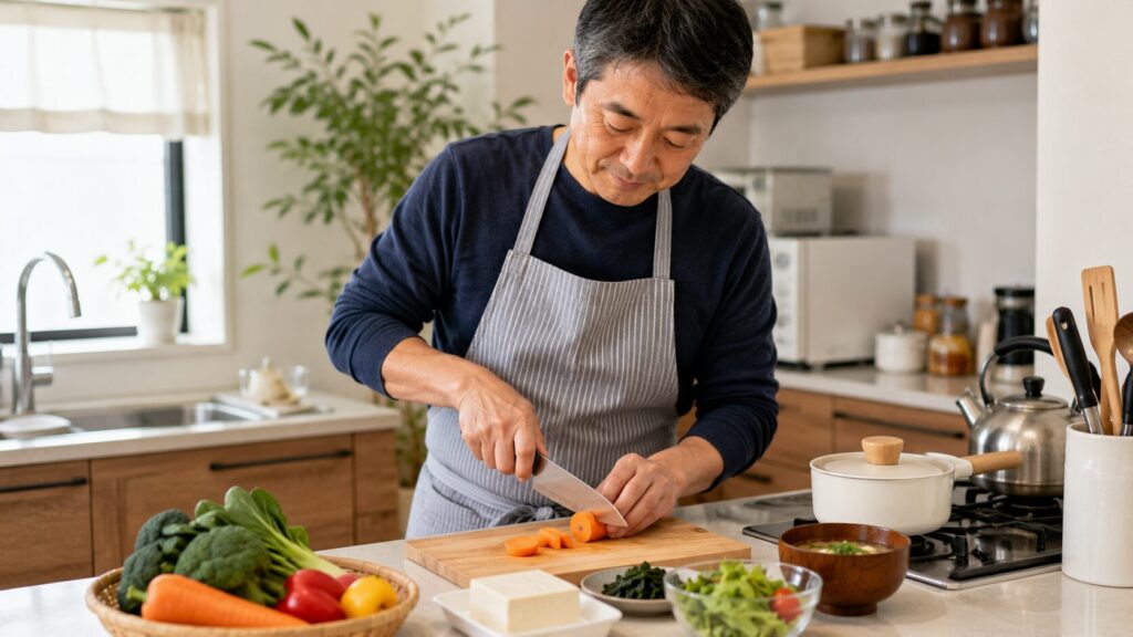 50代男性が味噌汁や野菜を使って食事準備をしている様子