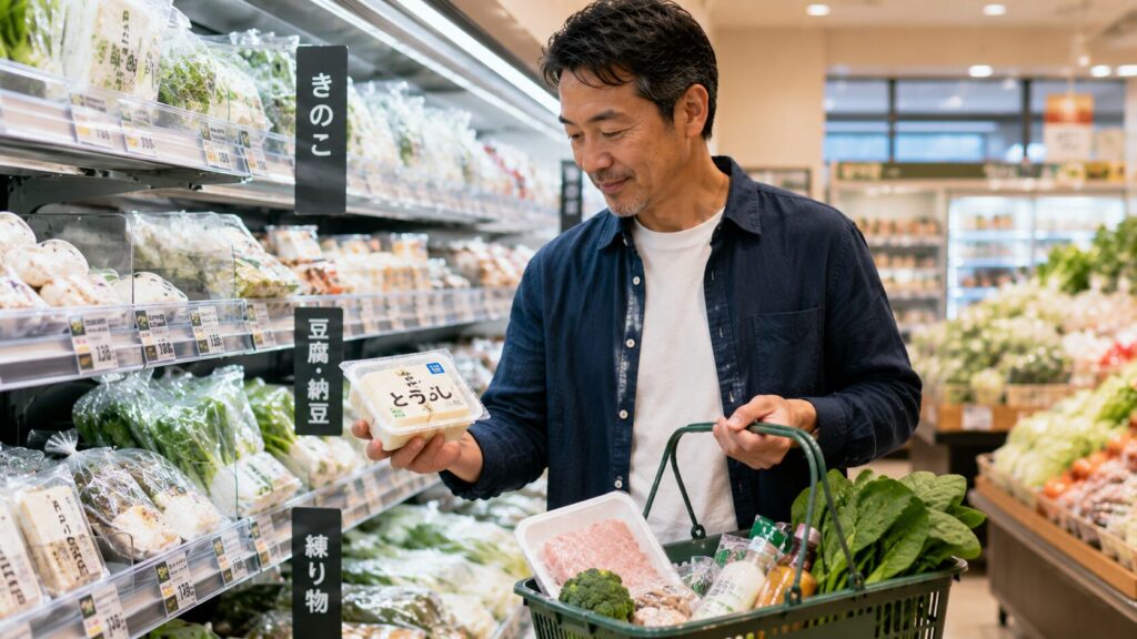スーパーで食事改善向けの食材を選ぶ50代男性