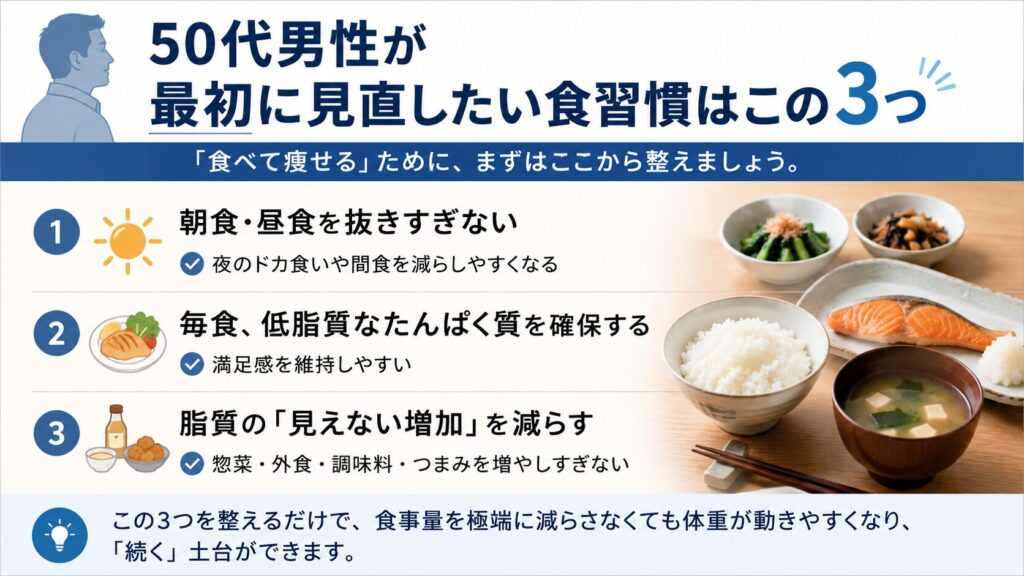 50代男性向けに、食べて痩せるための基本的な食習慣3つを整理した図解。朝食・昼食を抜きすぎない、低脂質なたんぱく質を確保する、脂質の見えない増加を減らす考え方を紹介。
