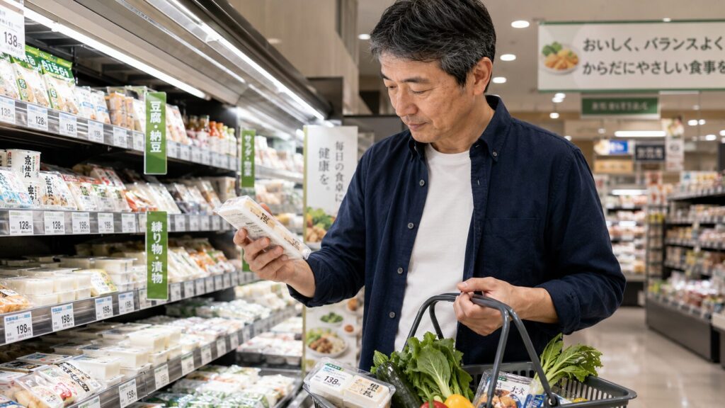 50代男性がスーパーで食品表示を確認しながら買い物をしている様子