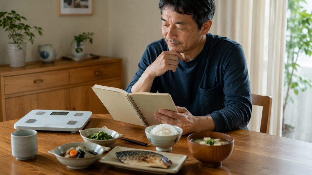 50代男性が体重記録を見返しながら食事管理を続けているイメージ