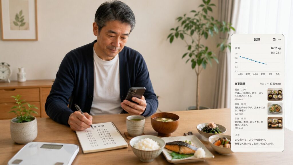 体重記録と和食中心の食事を管理する50代男性のイメージ
