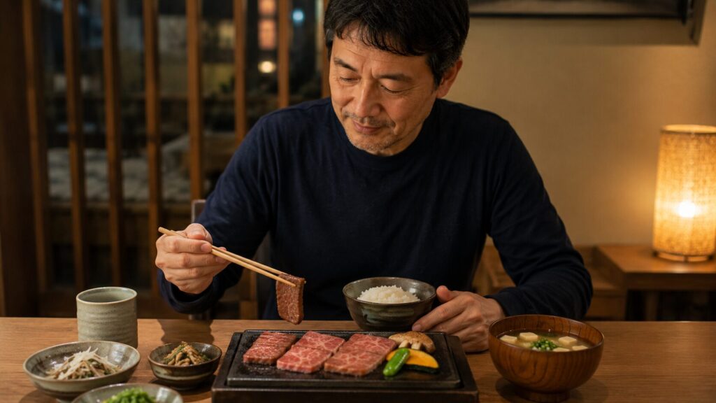 A5和牛を以前ほど大量に求めず落ち着いて食べている50代男性のイメージ