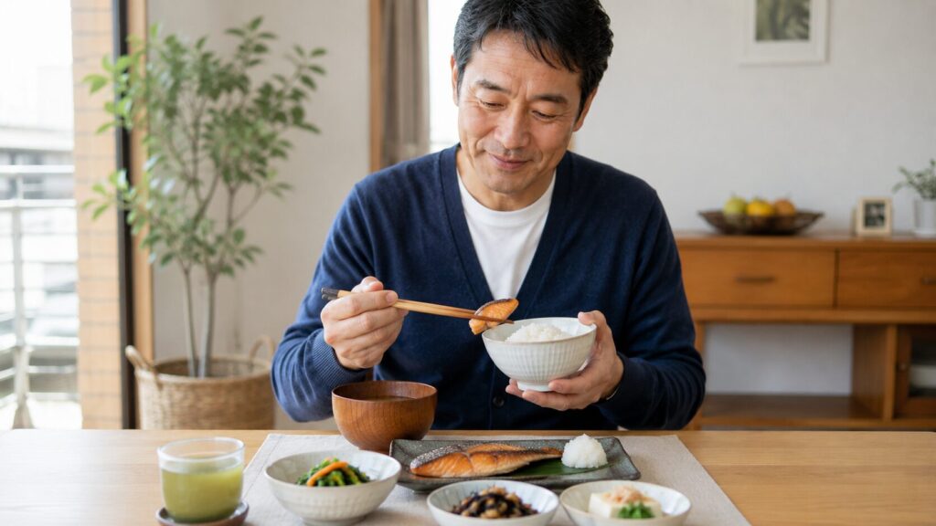 50代男性が無理なく食事を調整しているイメージ