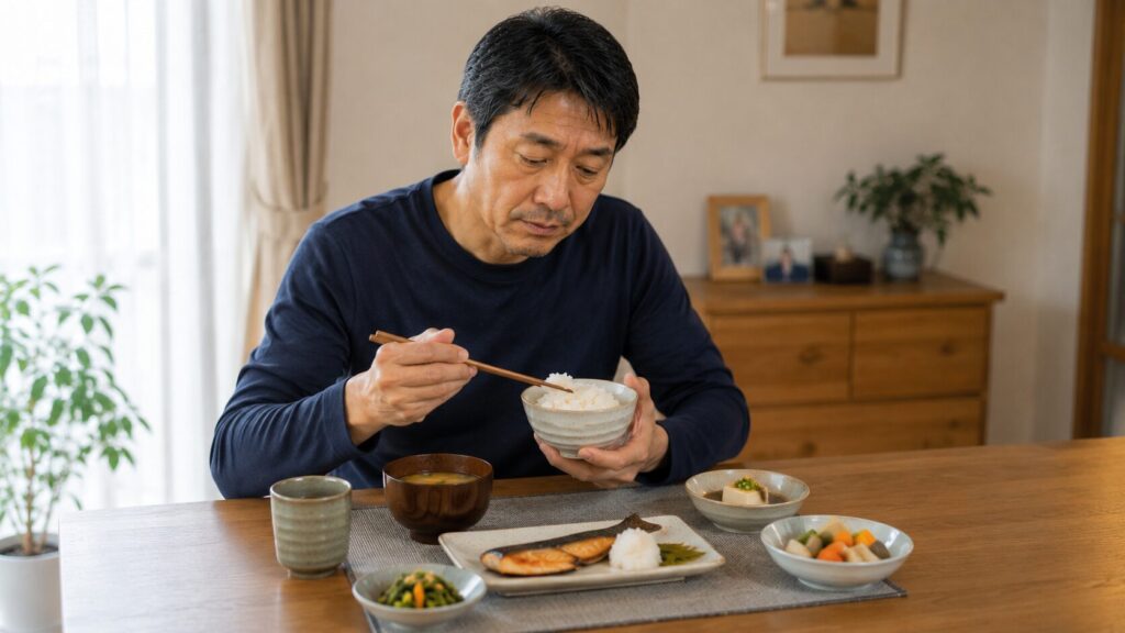50代男性が和食中心で無理なく食事内容を整えている様子