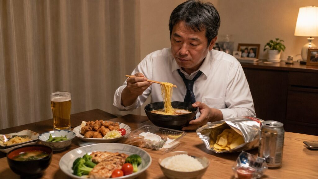 お酒と揚げ物や夜食が並ぶ50代男性の食生活イメージ