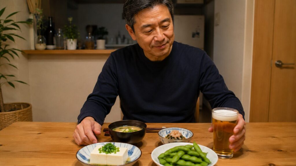 味噌汁や冷奴を先に食べてから飲酒する50代男性向けの食卓イメージ