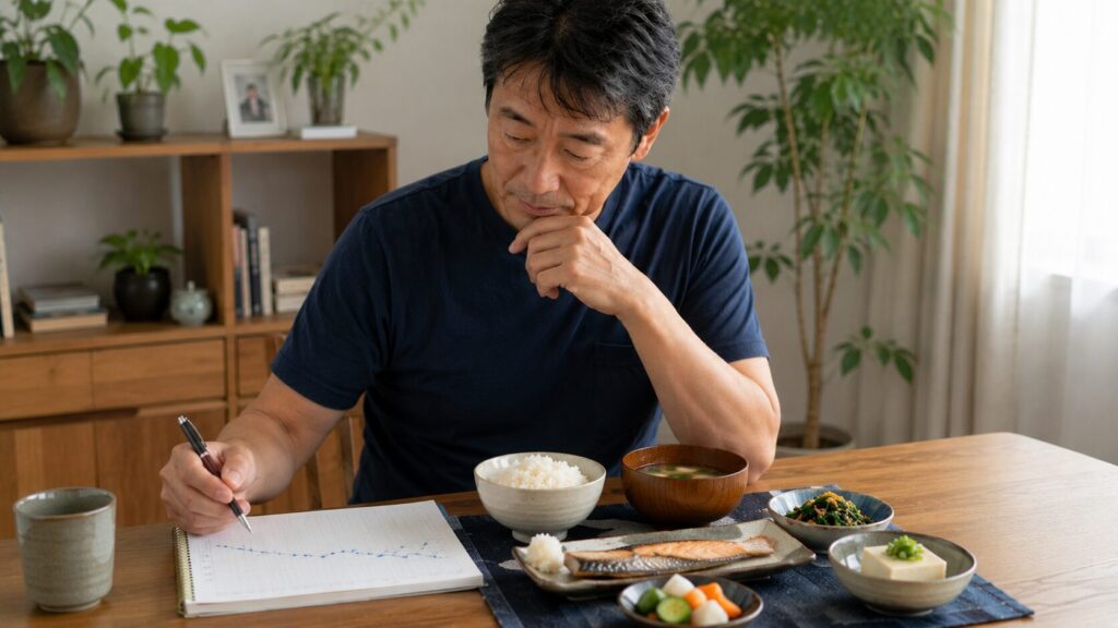 50代男性が体重の流れを落ち着いて確認している様子