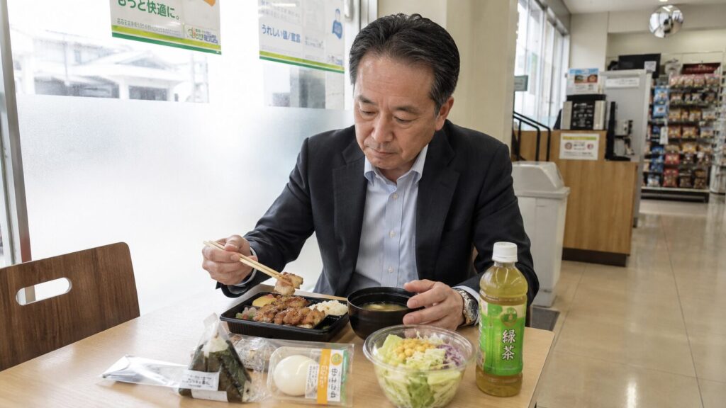 50代男性がコンビニで脂質を増やしすぎない昼食を選んでいるイメージ