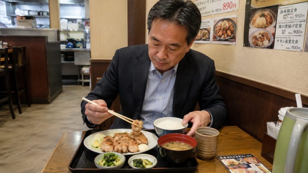 50代男性が外食で脂質を増やしすぎない定食を選んでいるイメージ