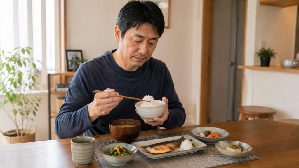 50代男性が無理なく続けられる和食中心の体重管理を実践している様子