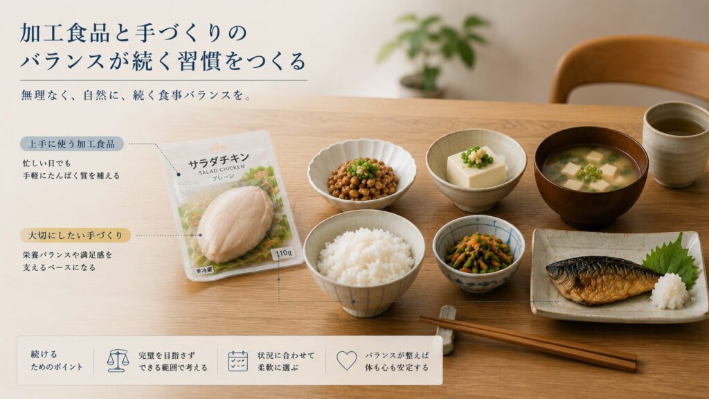 サラダチキンと自家製和食を組み合わせた、50代男性向けの現実的な食事設計イメージ