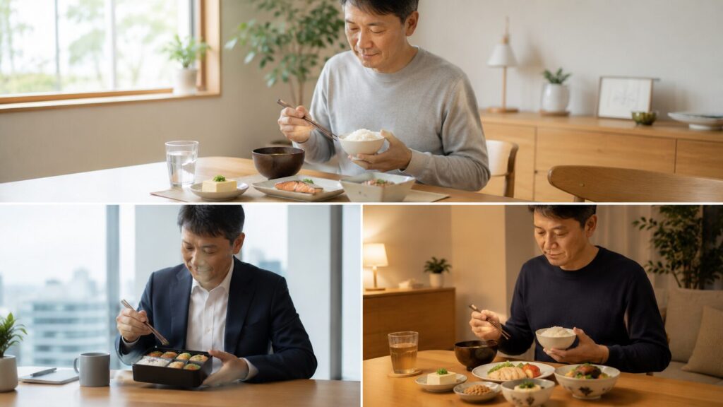 50代男性の安定した食事リズムを表したイメージ