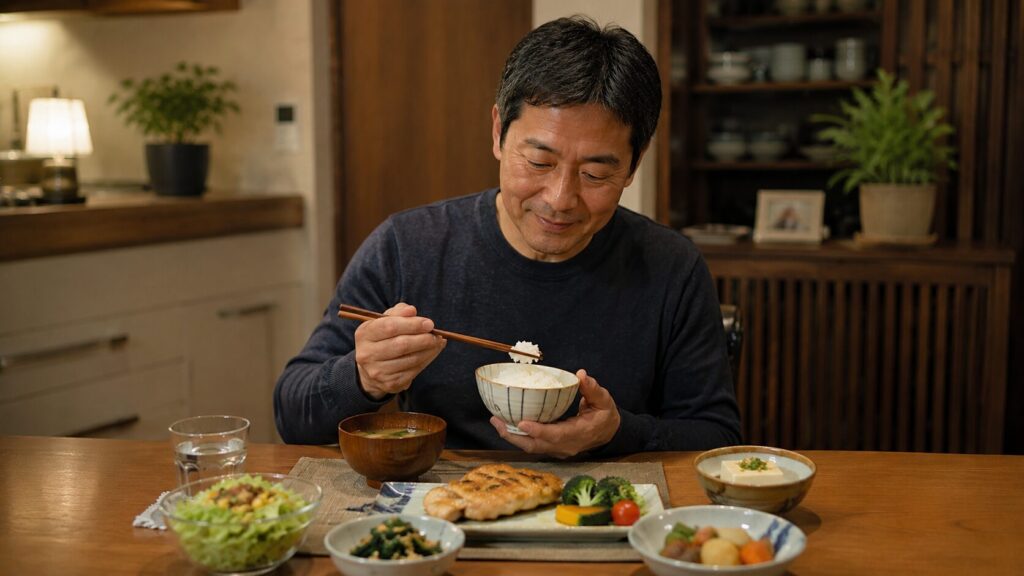 無理な食事制限をせず現実的な量で食事管理する50代男性向けの食卓イメージ