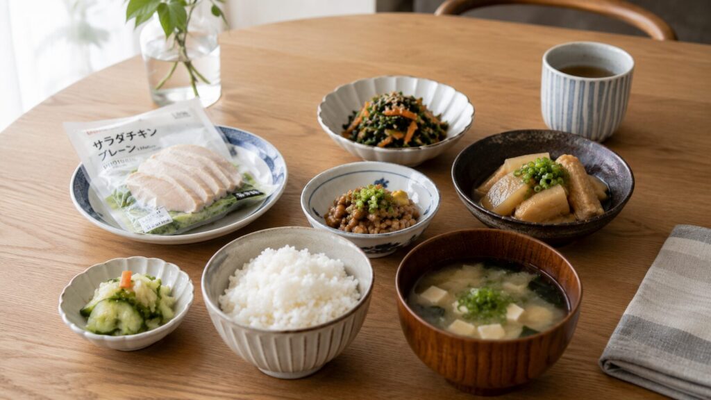 50代男性の加工食品と自家製を組み合わせた現実的な食事イメージ