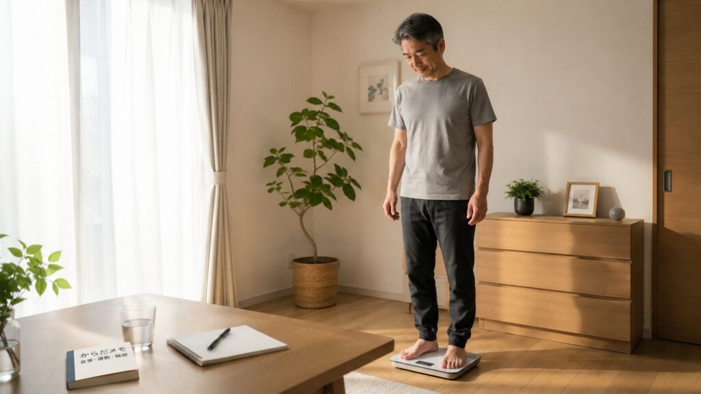50代男性が体重の数字に振り回されず生活改善を続けているイメージ