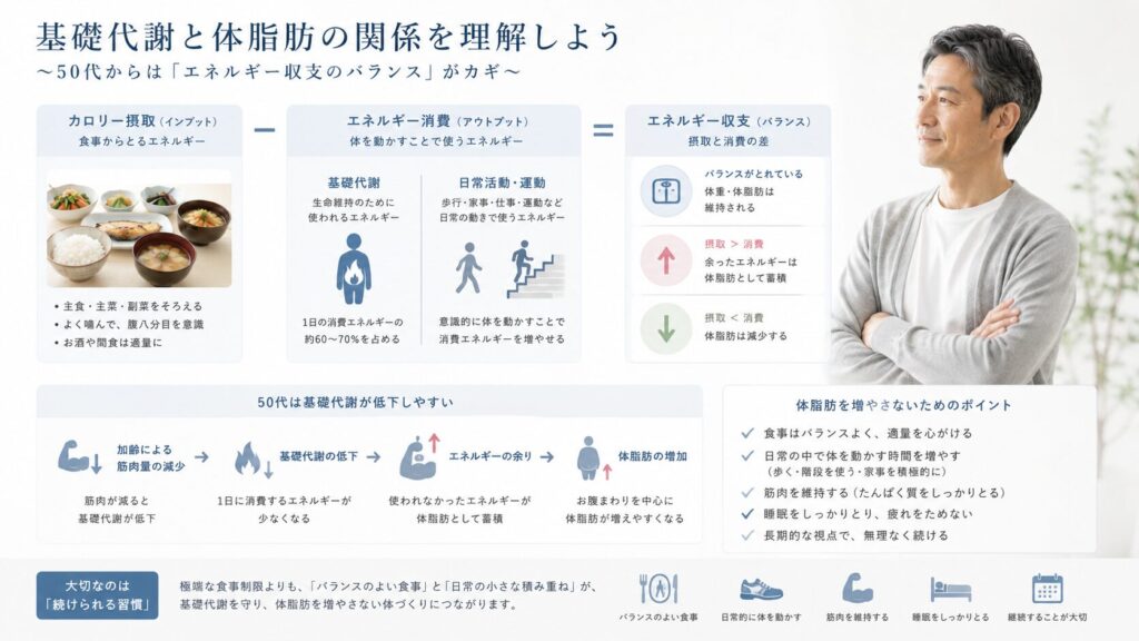 50代男性の基礎代謝とエネルギー収支の関係を整理したイメージ