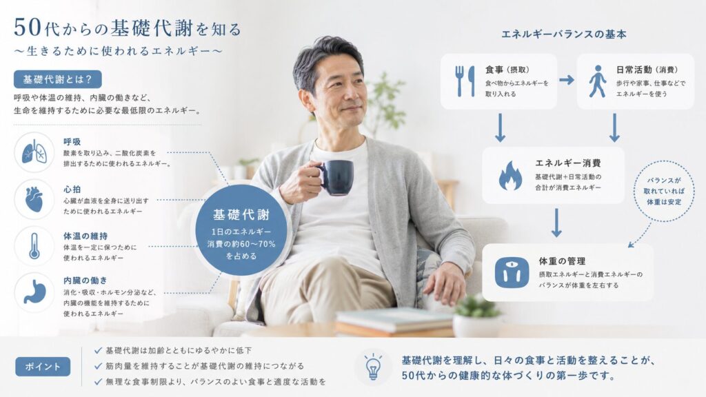 50代男性の基礎代謝と総消費エネルギーを整理したイメージ