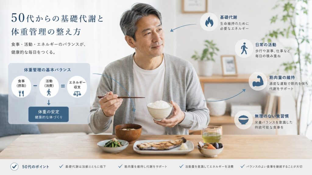 50代男性の基礎代謝と食事・活動量のバランスを整理したイメージ