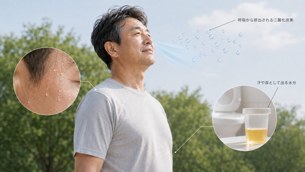 50代男性の体脂肪が呼吸や水分として体外へ出るイメージ