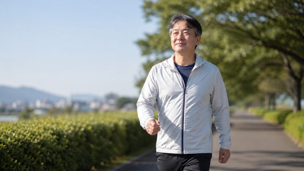50代男性が無理なく活動しながら体脂肪をエネルギーとして使っているイメージ