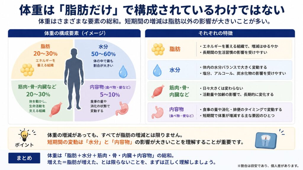 体重が脂肪・水分・筋肉・内容物など複数要素で構成されていることを整理した50代男性向け図解