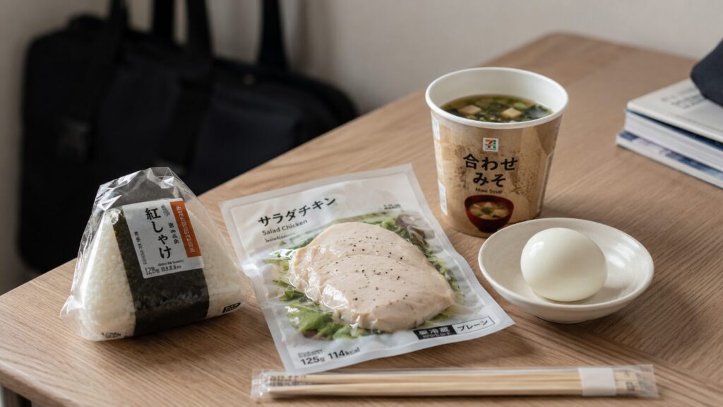サラダチキンとおにぎりを組み合わせた忙しい日の簡単な食事例