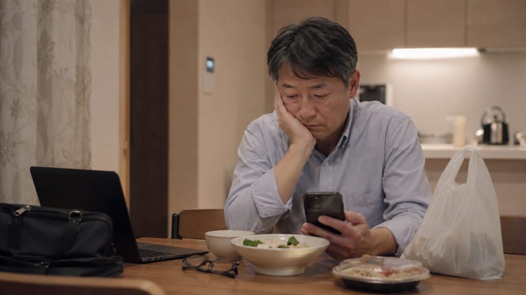 50代男性の忙しさや疲労による食事管理の崩れやすさをイメージした写真