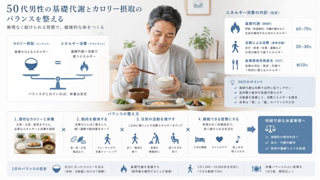 50代男性の基礎代謝と摂取カロリーのバランスを整理したイメージ