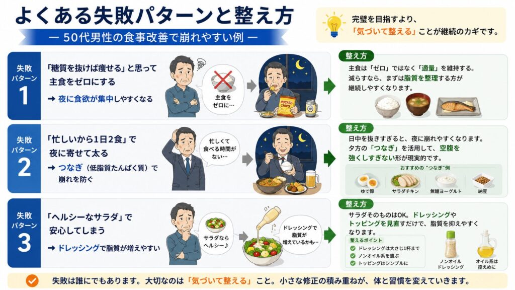 50代男性向けに、主食を極端に減らす、1日2食で夜へ寄せる、サラダで安心してドレッシング過多になるなど、食事改善で崩れやすい例と対策を整理した図解。