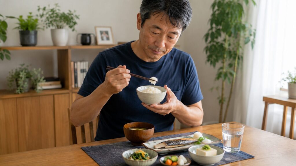 50代男性が無理なく続けられる生活習慣で体重管理をしている様子