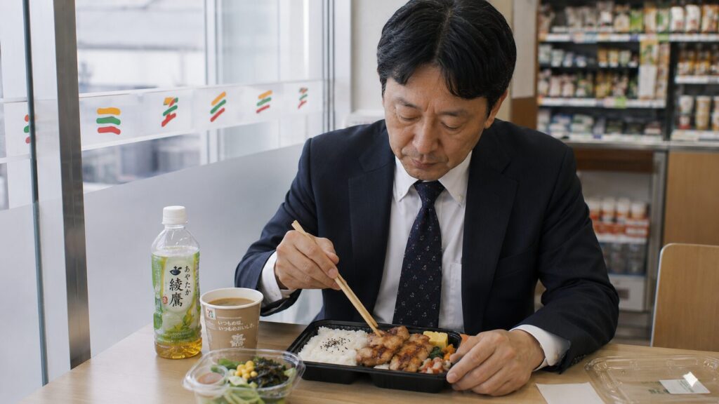 50代男性がコンビニで脂質を増やしすぎない昼食を選んでいる様子