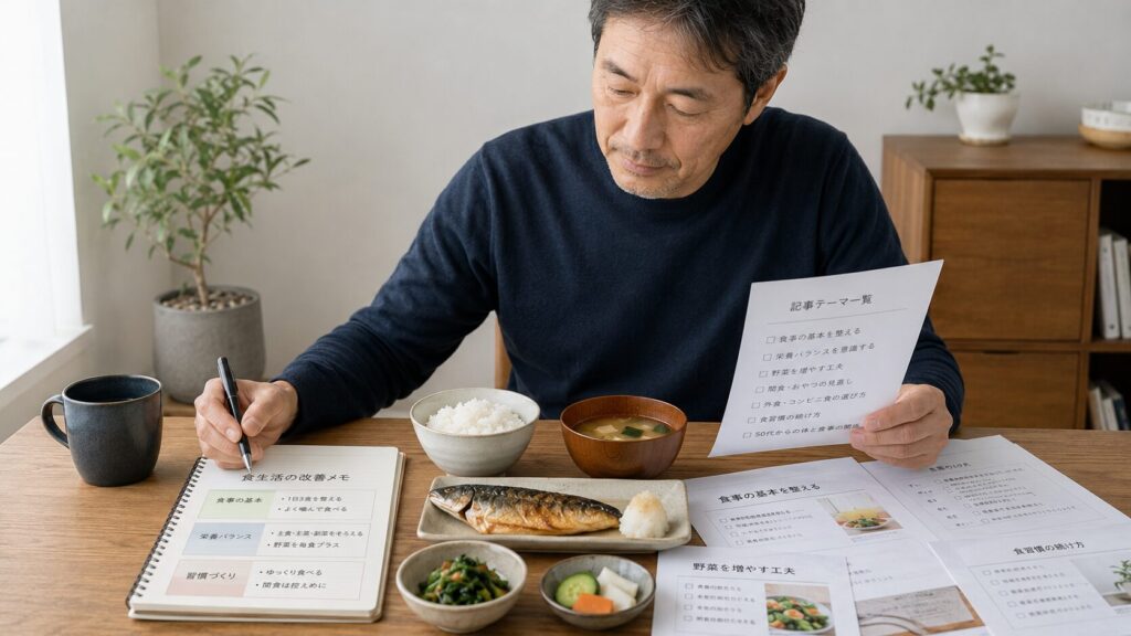 50代男性が食事改善をテーマ別に整理しているイメージ