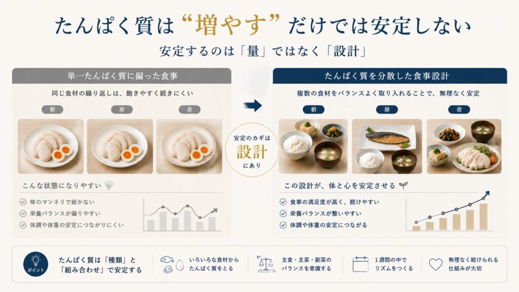 50代男性向けに、単一たんぱく質依存と分散型たんぱく質設計の違いを比較した食事管理イメージ