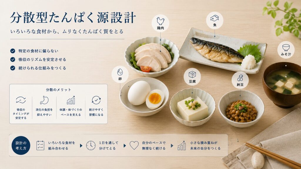 魚・鶏肉・卵・豆腐・納豆・味噌汁を組み合わせた分散型たんぱく源設計のイメージ