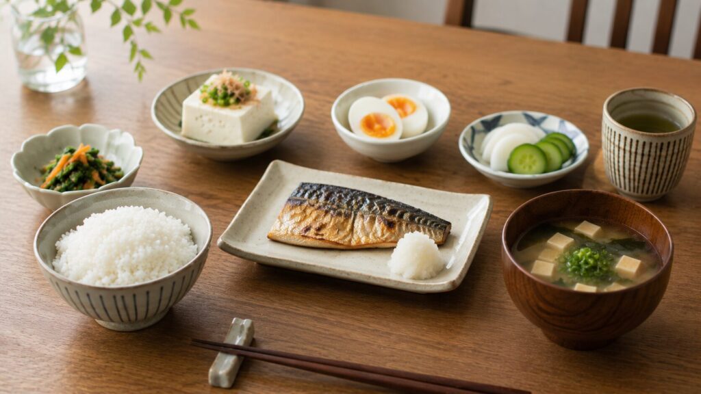 50代男性の複数たんぱく源を組み合わせた食事イメージ
