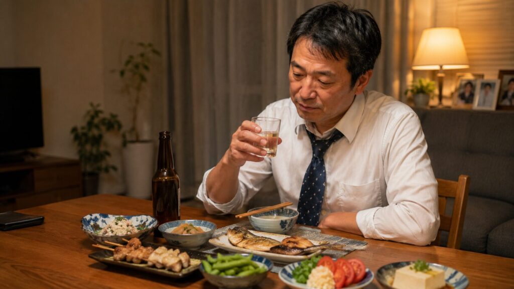 仕事後に晩酌と夕食を取る50代男性の生活習慣イメージ